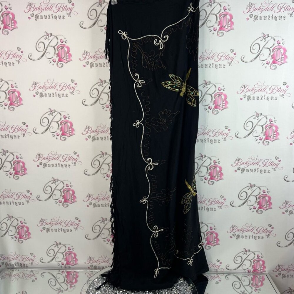 Wrap skirt or dress embroidered Black and Gold Dragonfly tassle edges beach